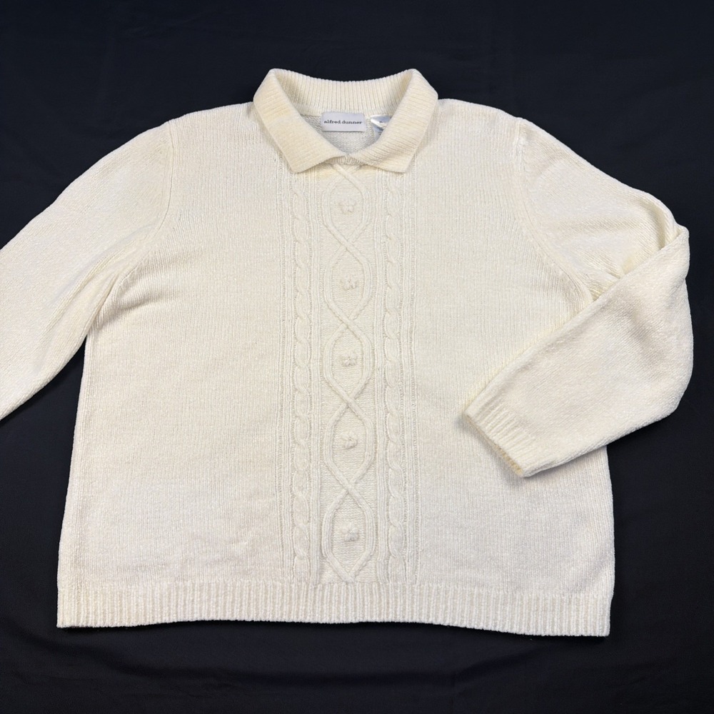 Alfred Dunner Cream Pullover Sweater Cable Knit‎ Collar Classic Career Layering